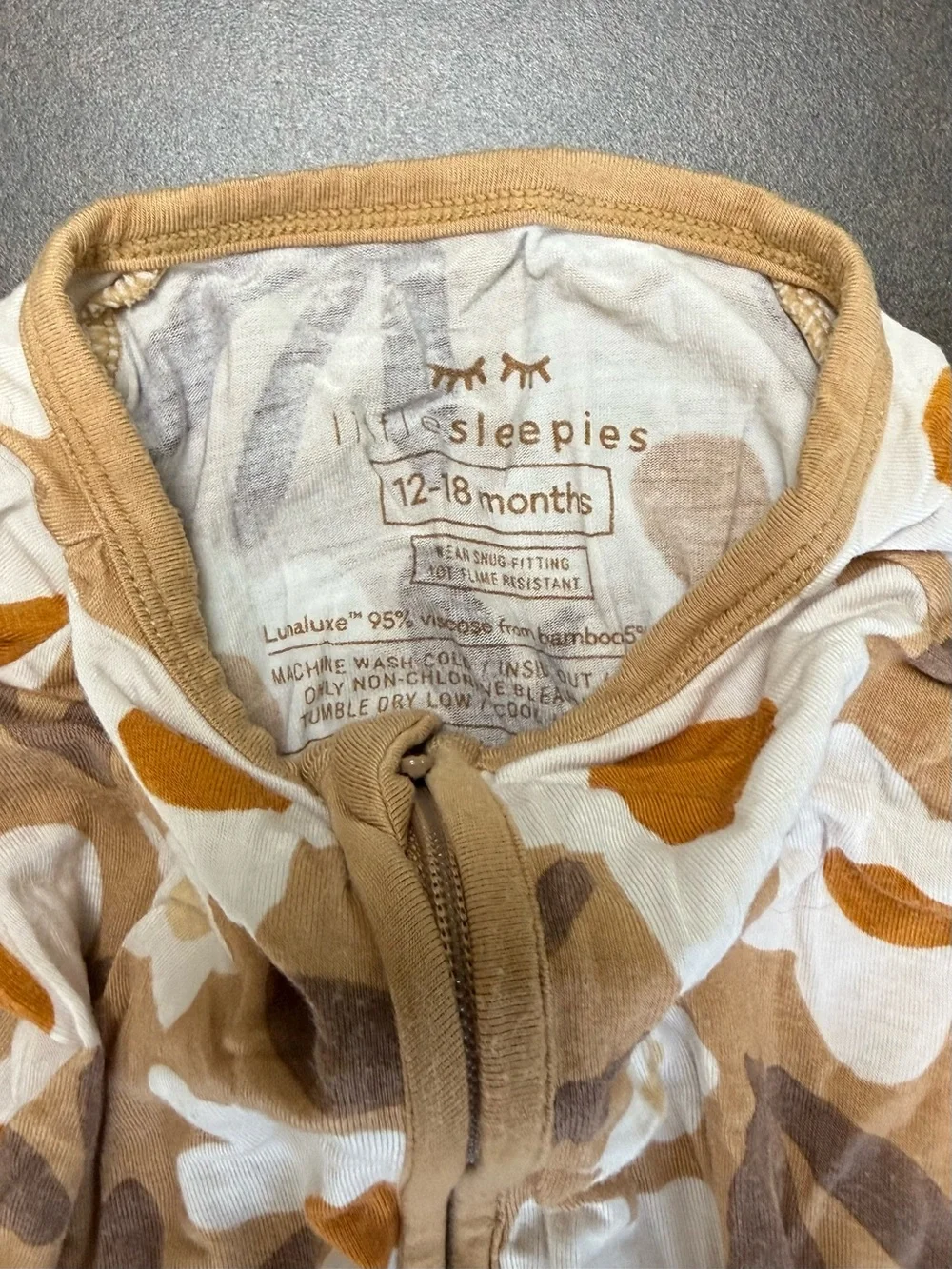 Little Sleepies Tan Floral Zipper Footie Pajamas with White & Gold Flowers
